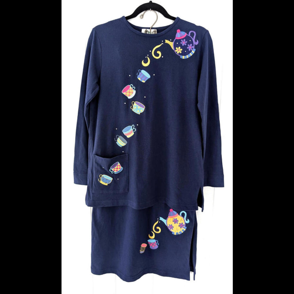 Quacker Factory Navy Tea Cup & Teapot Two-Piece Tunic Skirt Set Small